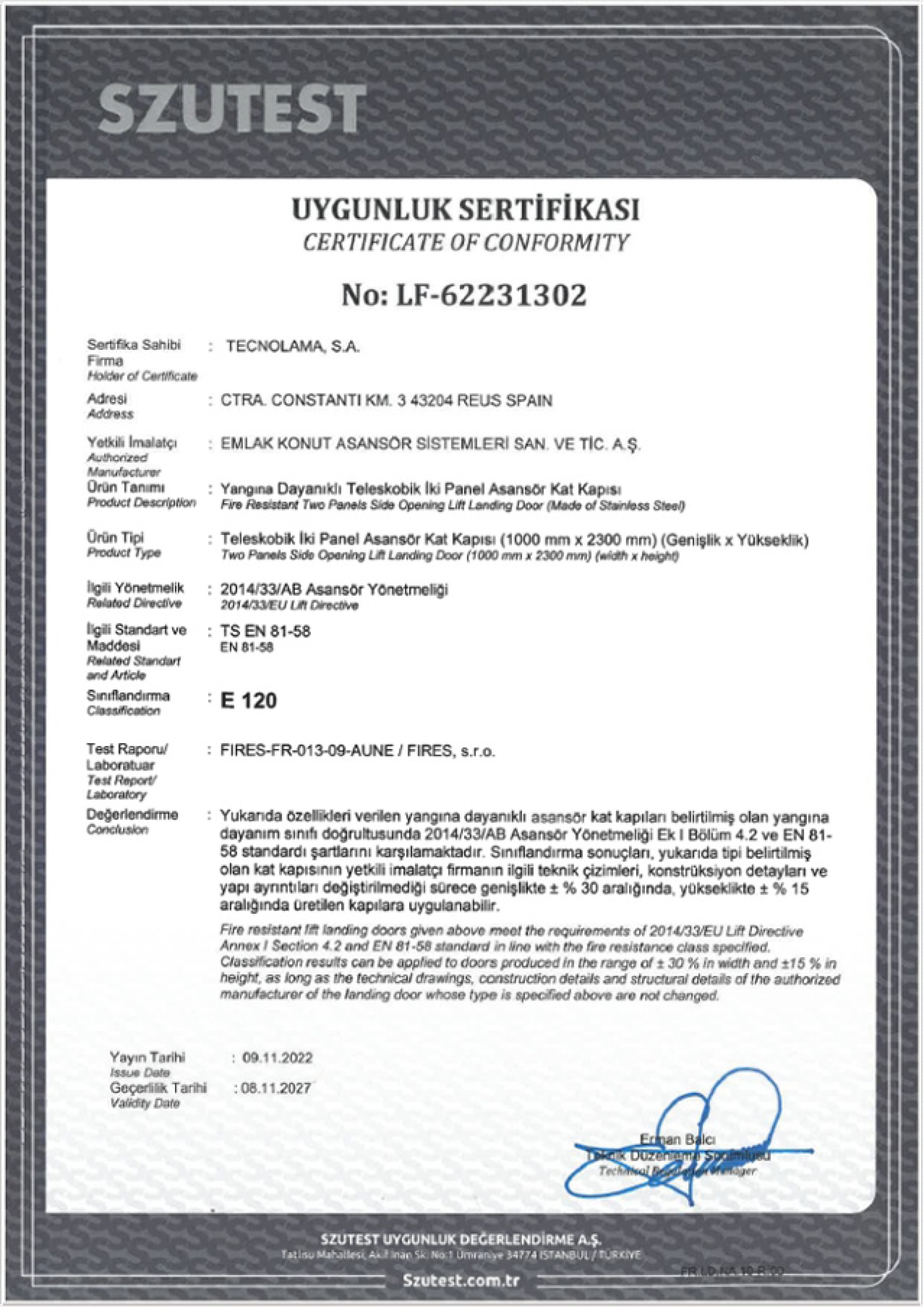 Telescopic Landing Door EN81-58 E120 Fire Resistance Certificate