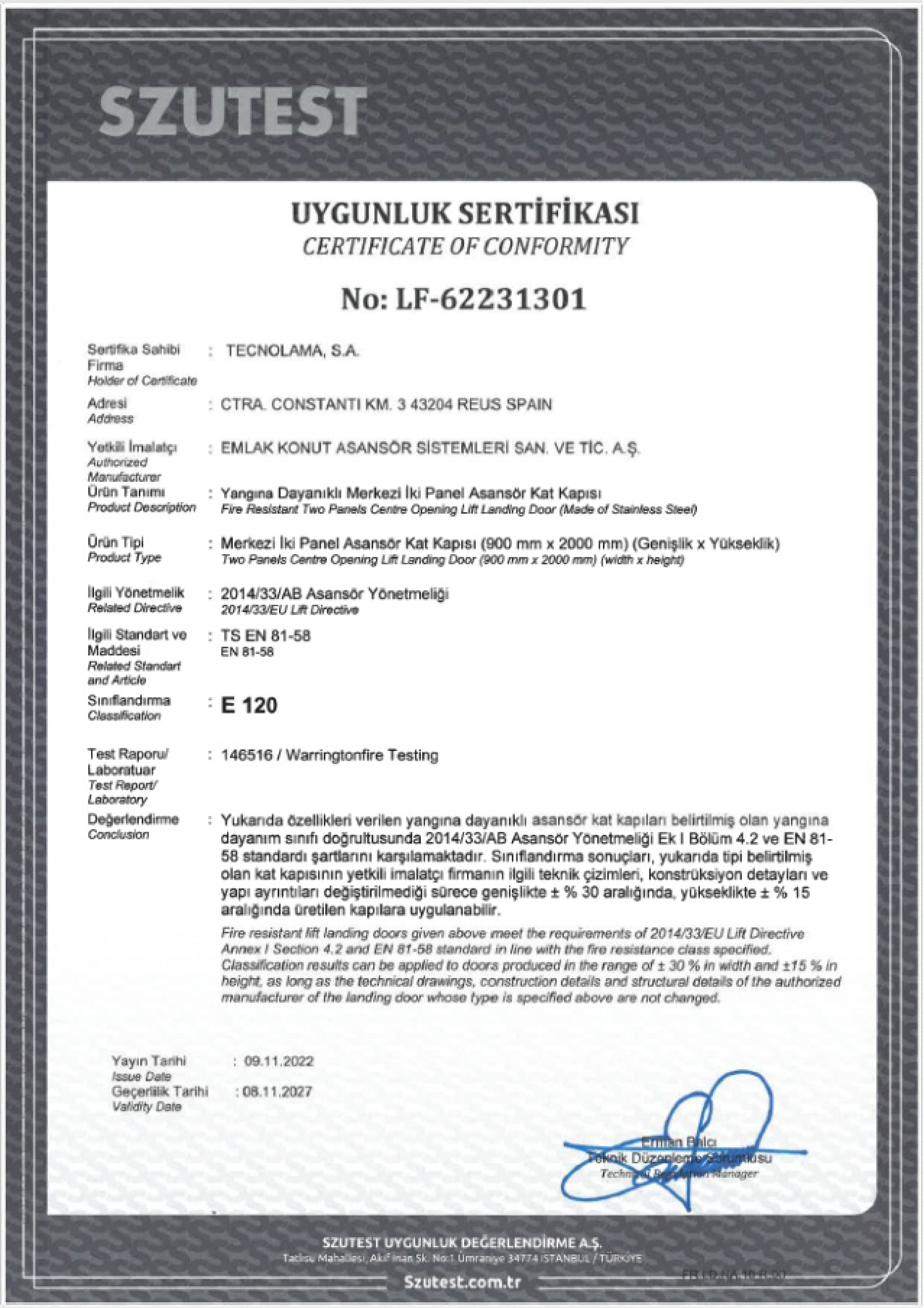 Central Landing Door EN81-58 E120 Fire Resistance Certificate