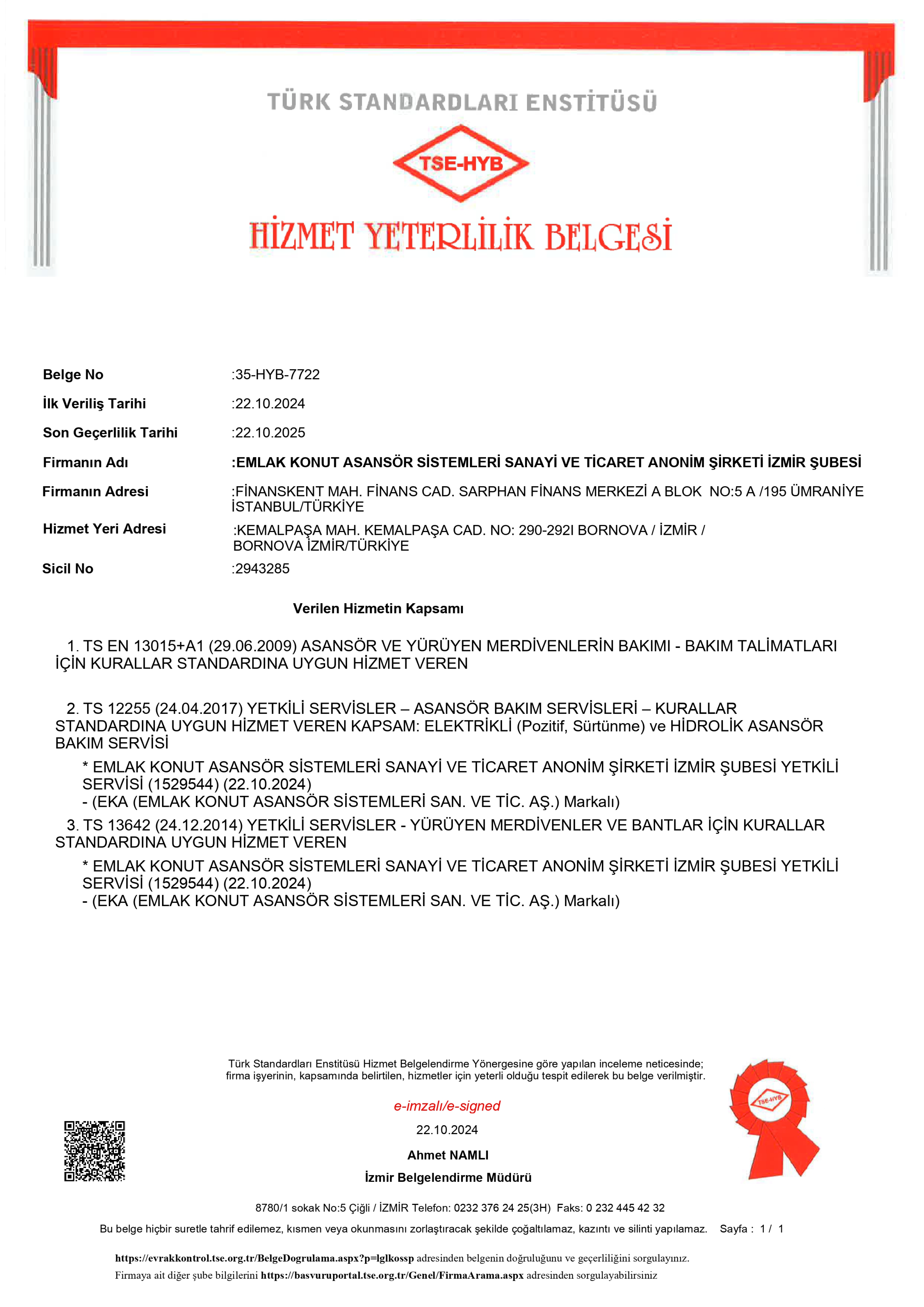 TSE Service Qualification Certificate - Izmir Region