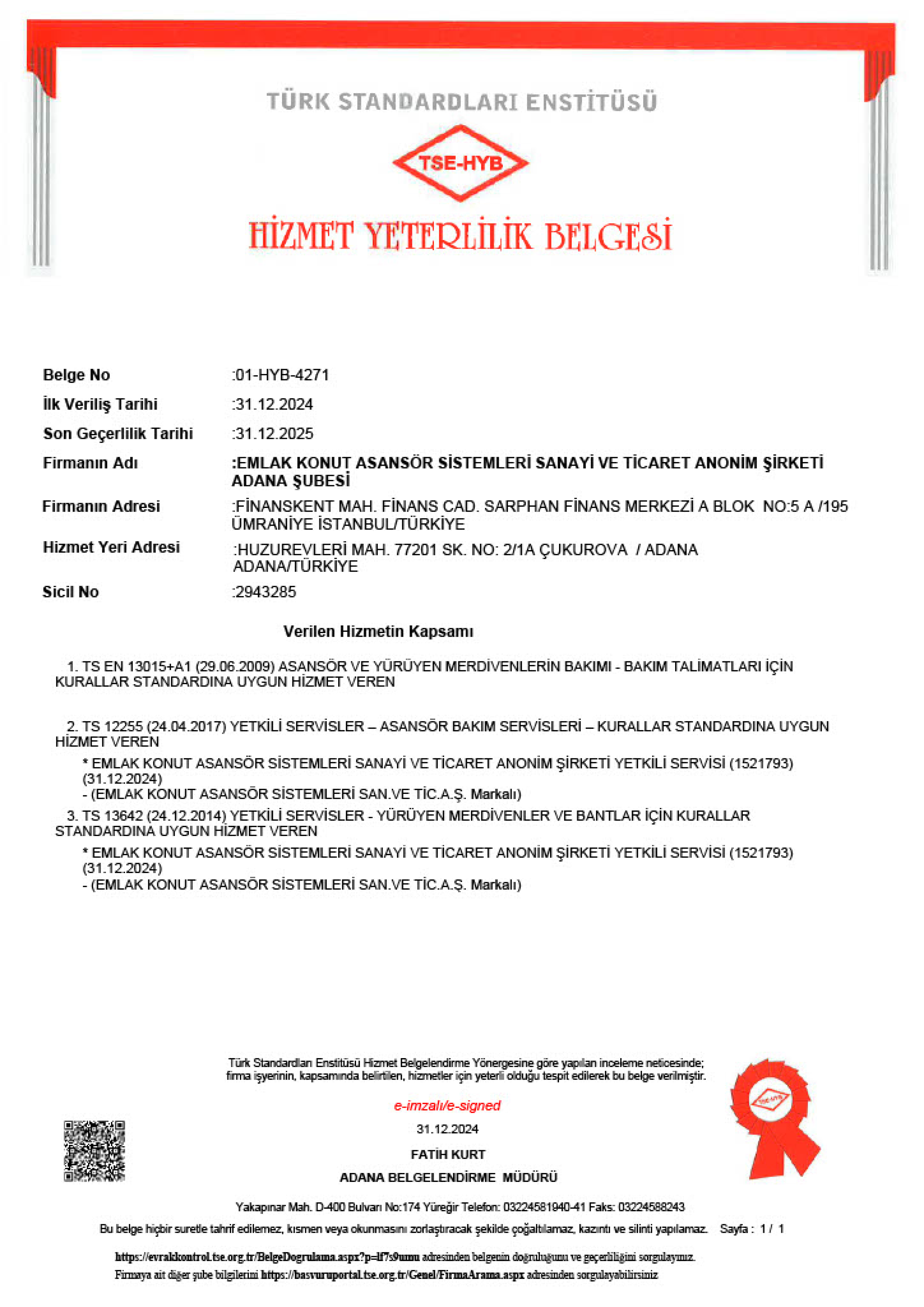 TSE Service Qualification Certificate - Adana Branch