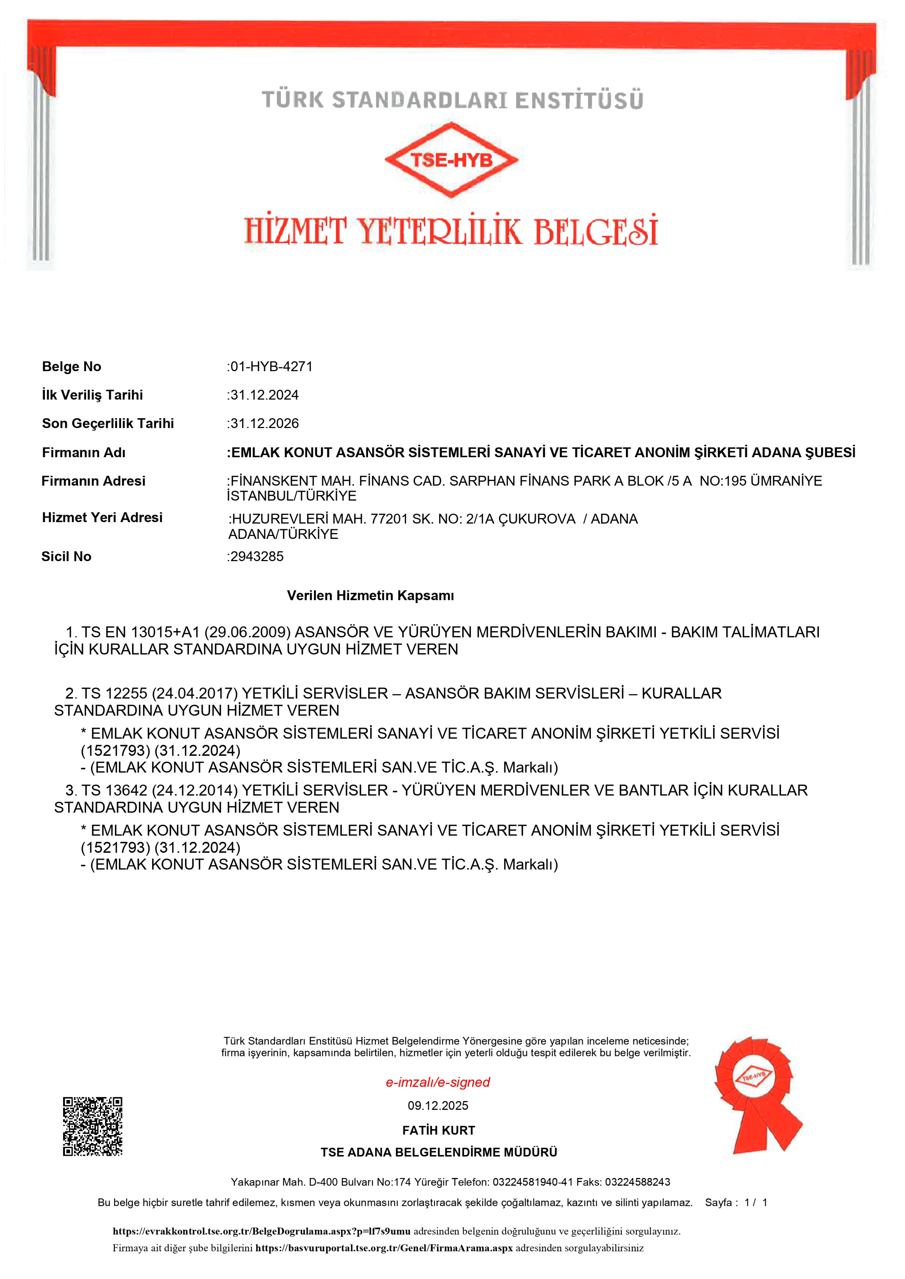 TSE Service Qualification Certificate - Adana Branch