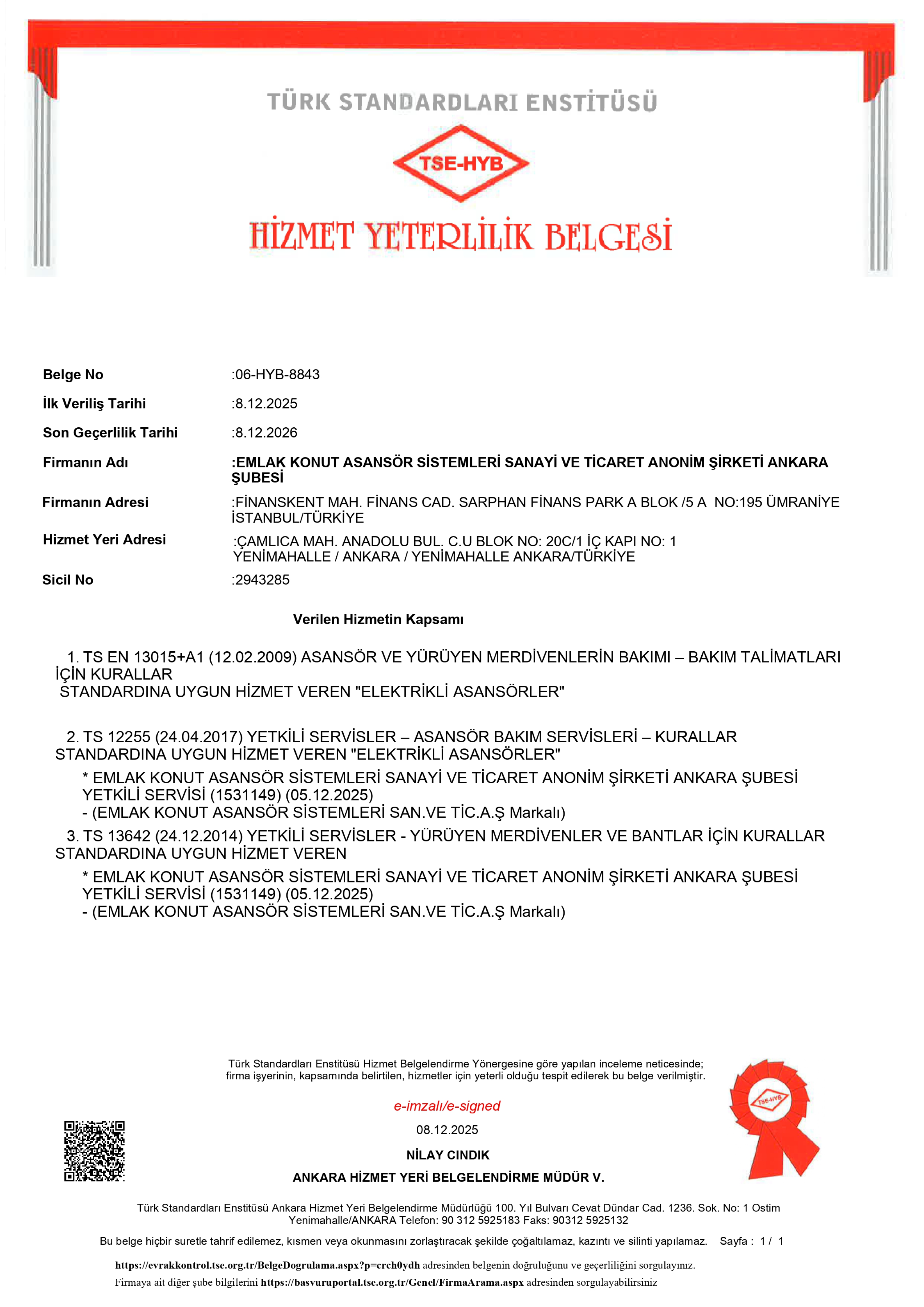 TSE Service Qualification Certificate - Ankara Branch