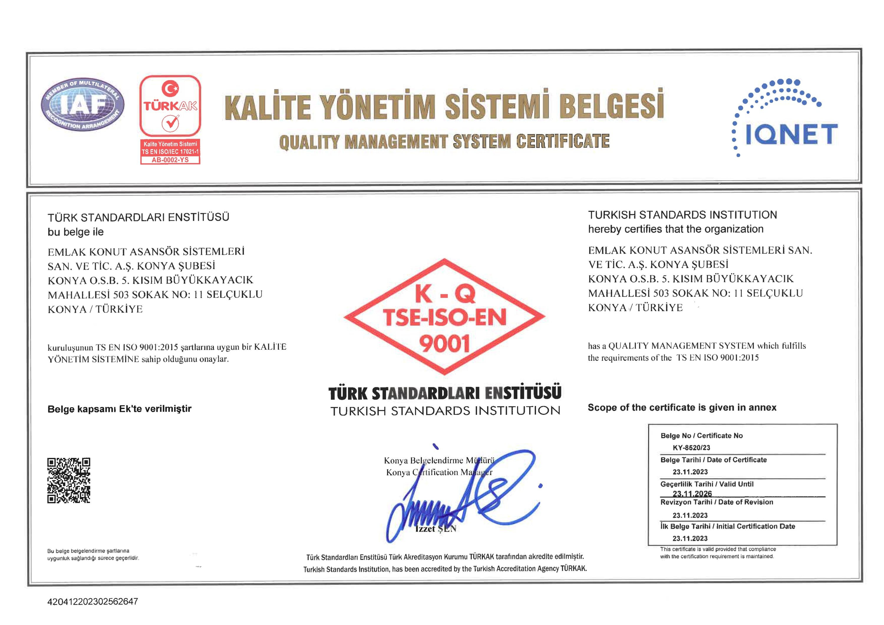 Kalite Yönetim Sistemi Belgesi