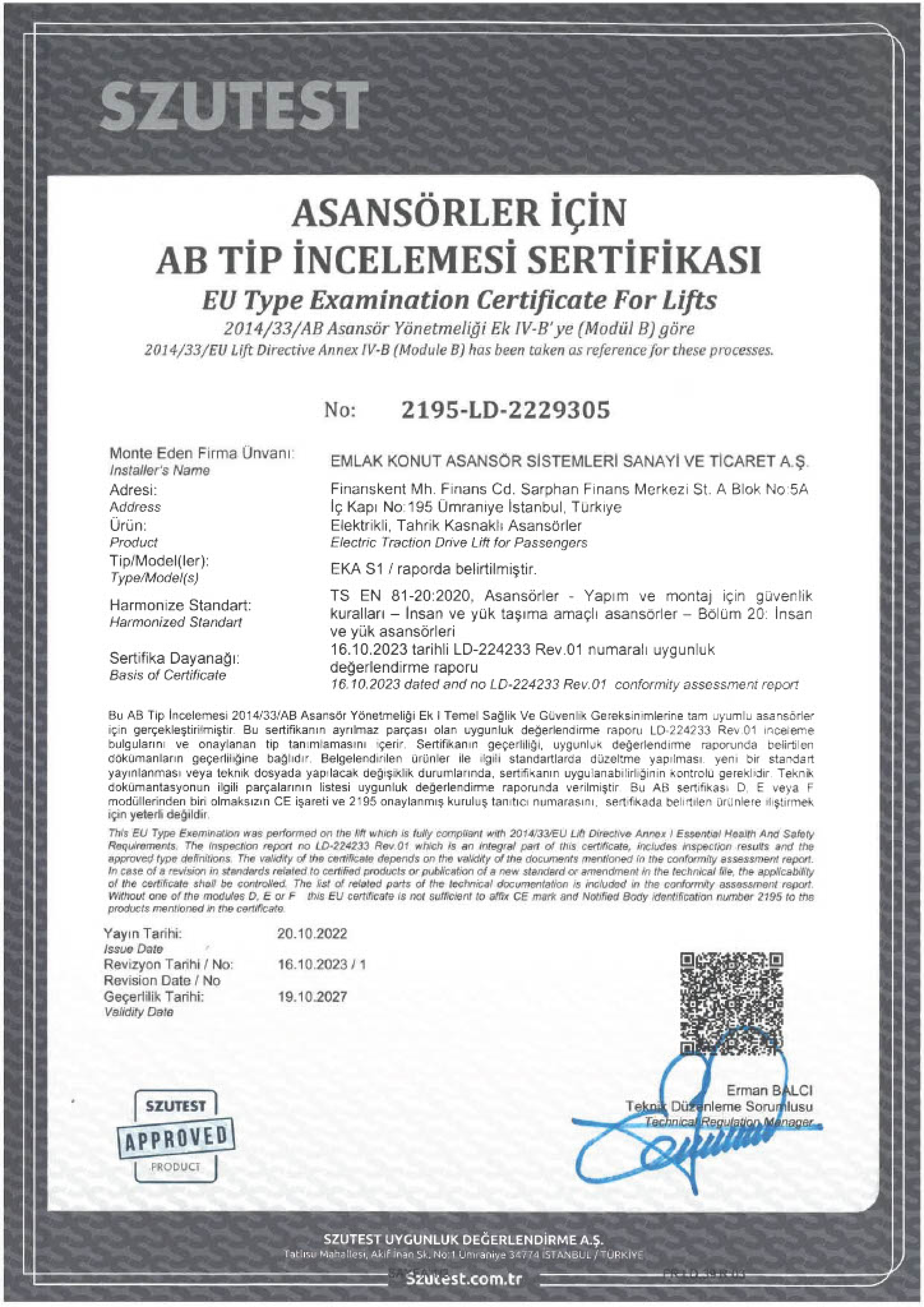 Asansörler için AB Tip İncelemesi Sertifikası EKA S1