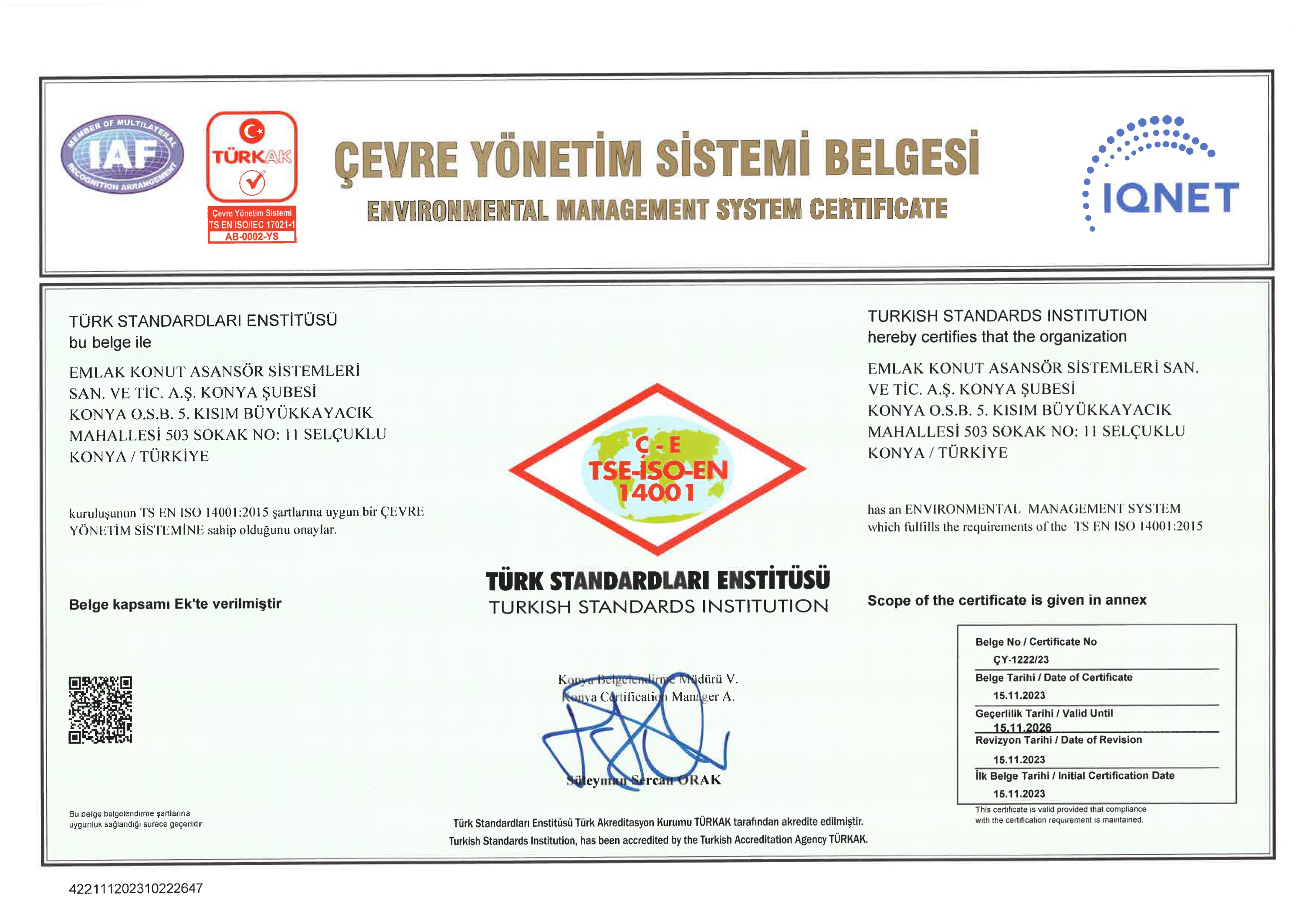 Çevre Yönetim Sistemi Belgesi