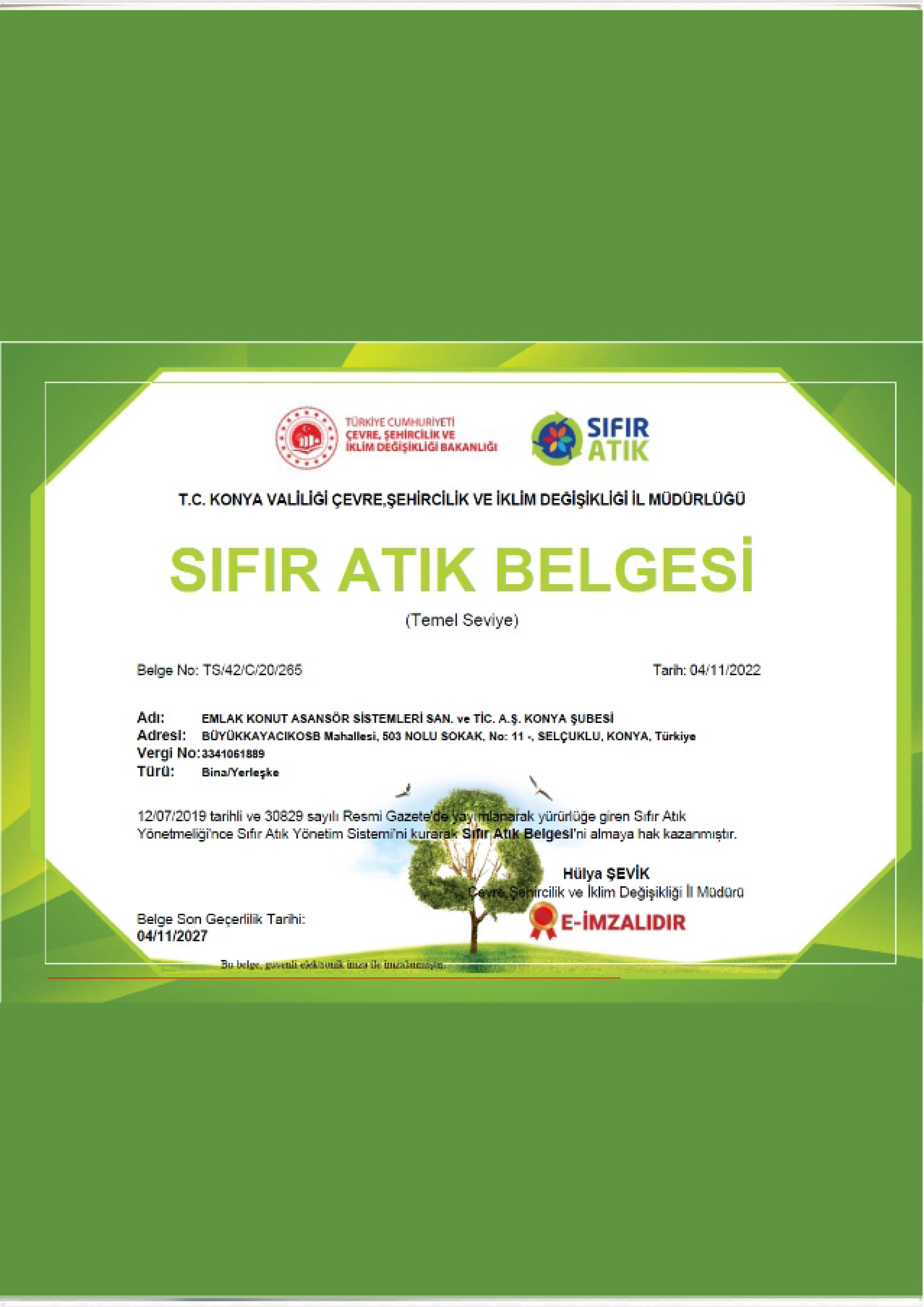 Sıfır Atık Belgesi - EKA Konya Fabrika