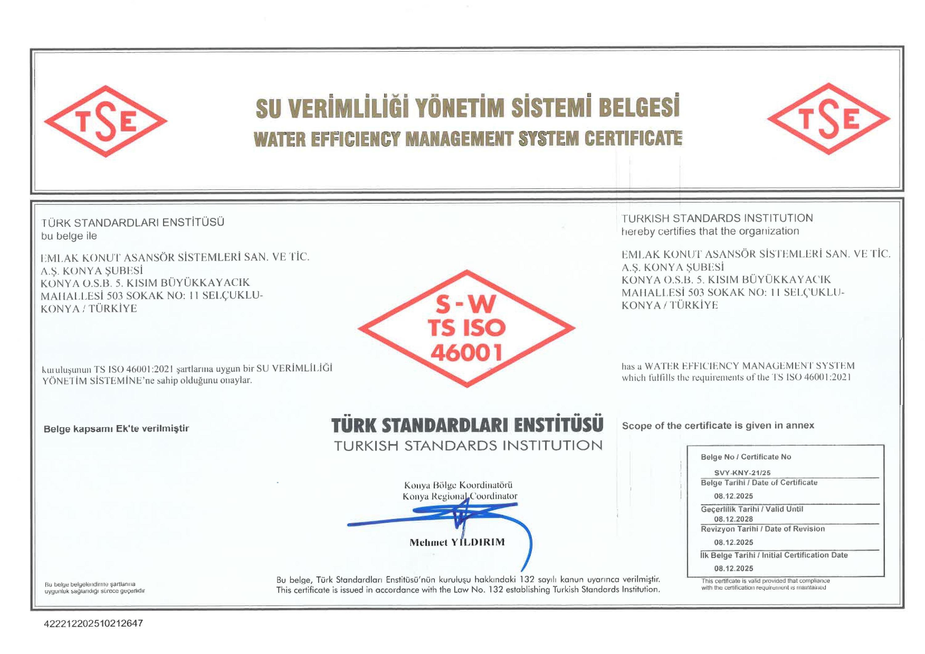 Su Verimliliği Yönetim Sistemi Belgesi