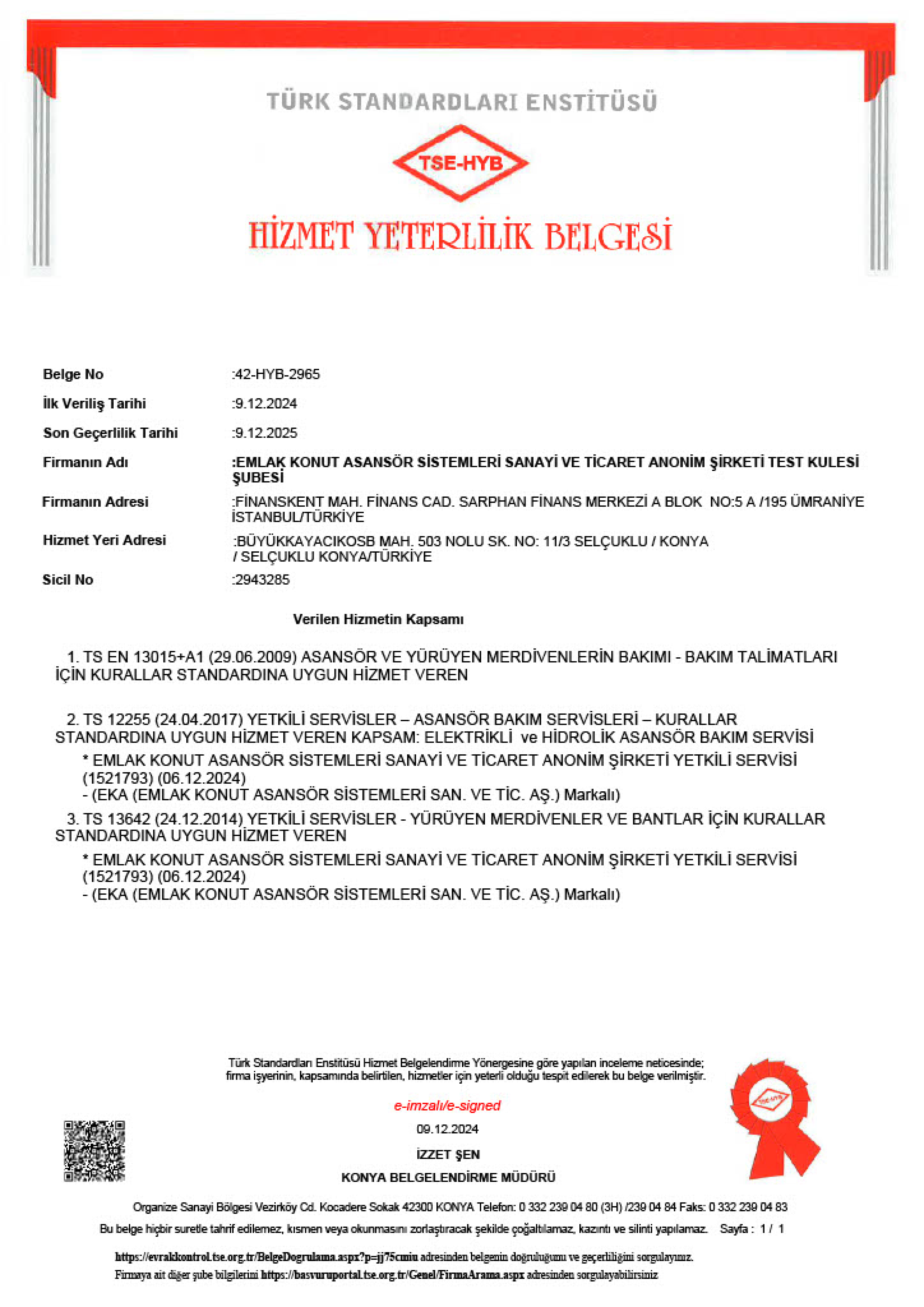 TSE Hizmet Yeterlilik Belgesi - Konya Test Kulesi Şubesi