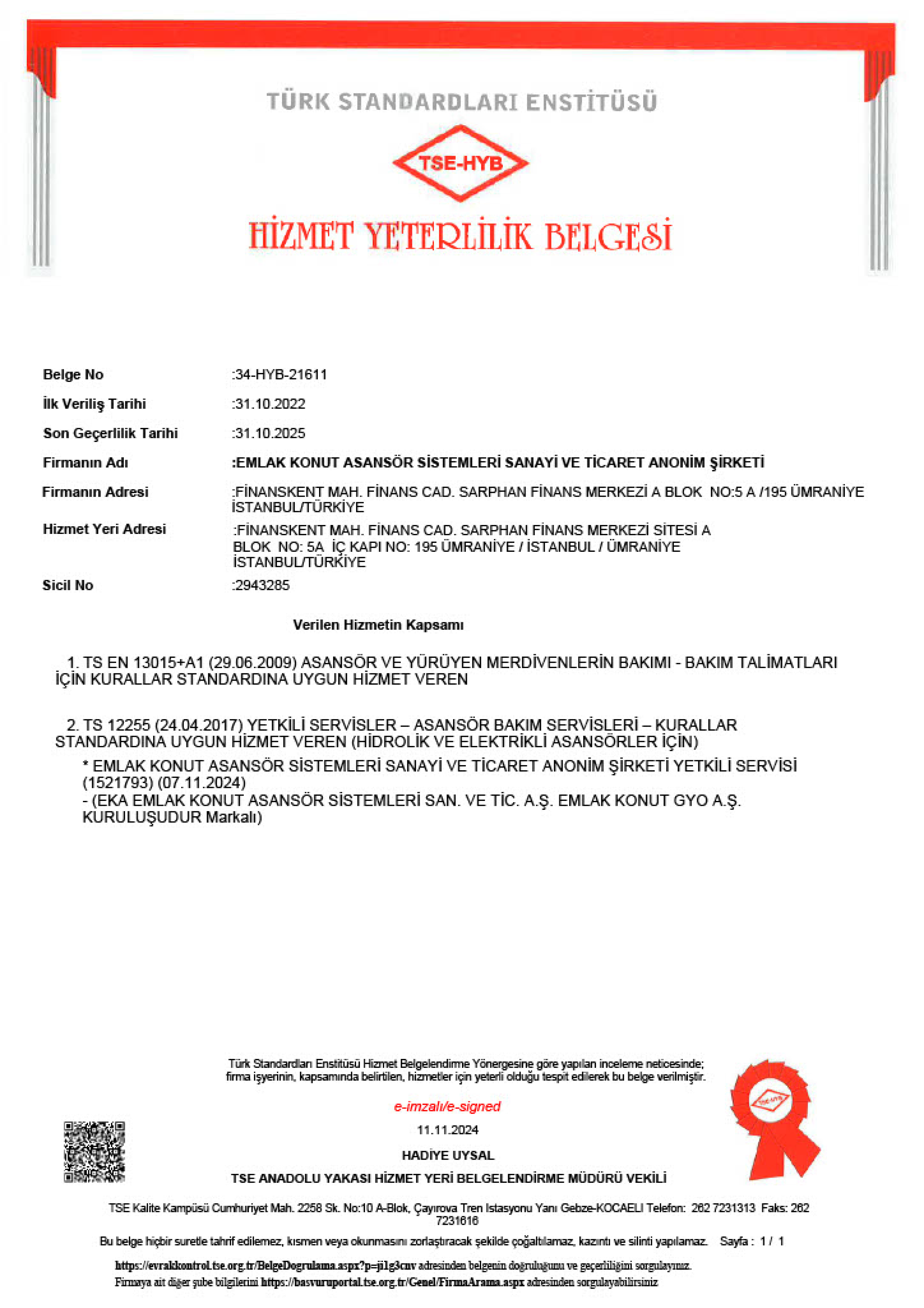  TSE Hizmet Yeterlilik Belgesi