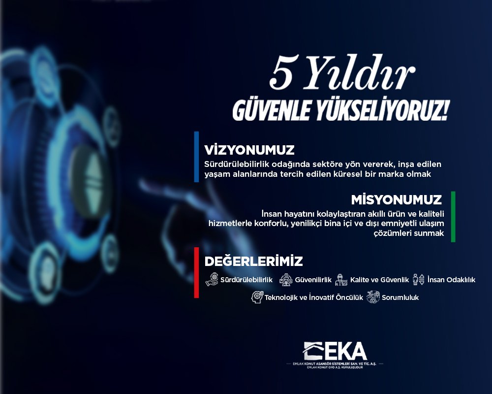 EKA olarak; değişen ihtiyaçlar ve geleceğin beklentileri doğrultusunda şekillenen vizyonumuzu, misyonumuzu ve değerlerimizi paylaşmaktan mutluluk duyuyoruz.